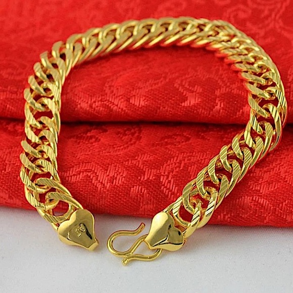 GOLD CHAIN BRACELET THICK CUBAN UNISEX 24K PLATED - Picture 1 of 6